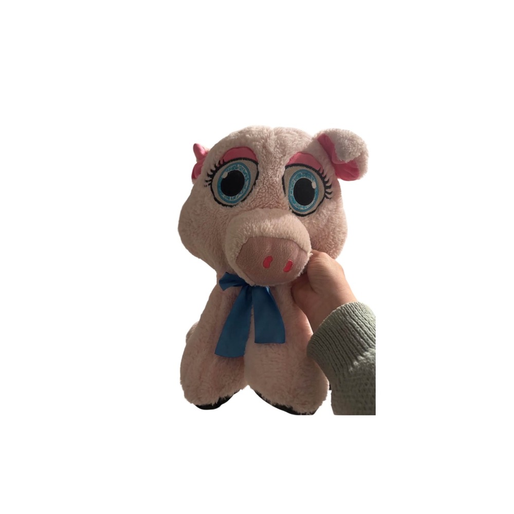Peek-A-Boo Toys Pink Pig Plush Stuffed Animal Blue Bow Large Glitter Eyes‎ 10"